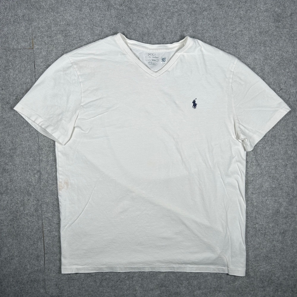 Polo Ralph Lauren T-Shirt Men L White V-Neck Pony Logo Short Sleeve Cotton Tee